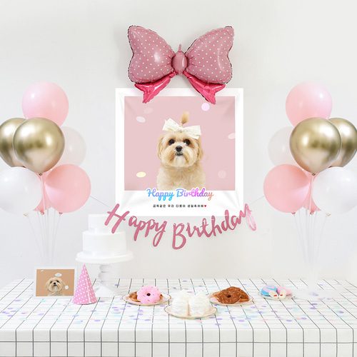 강아지 고양이 생일파티 반려동물 돌상 잔치 현수막 애견 핑크리본세트