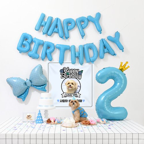 강아지 고양이 생일파티 반려동물 돌상 잔치 현수막 애견 블루숫자세트